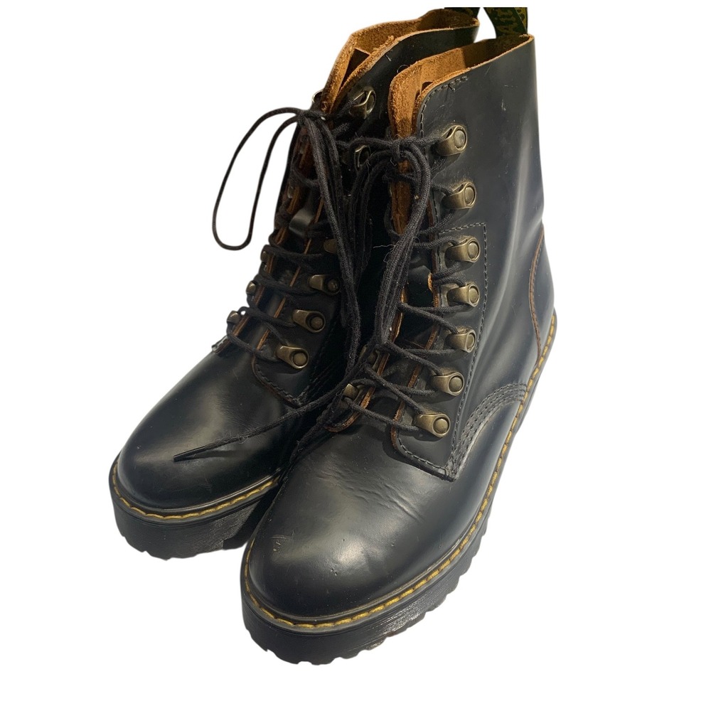 Dr Martens Leona Black Leather Platform Combat Boots Womens Size 7